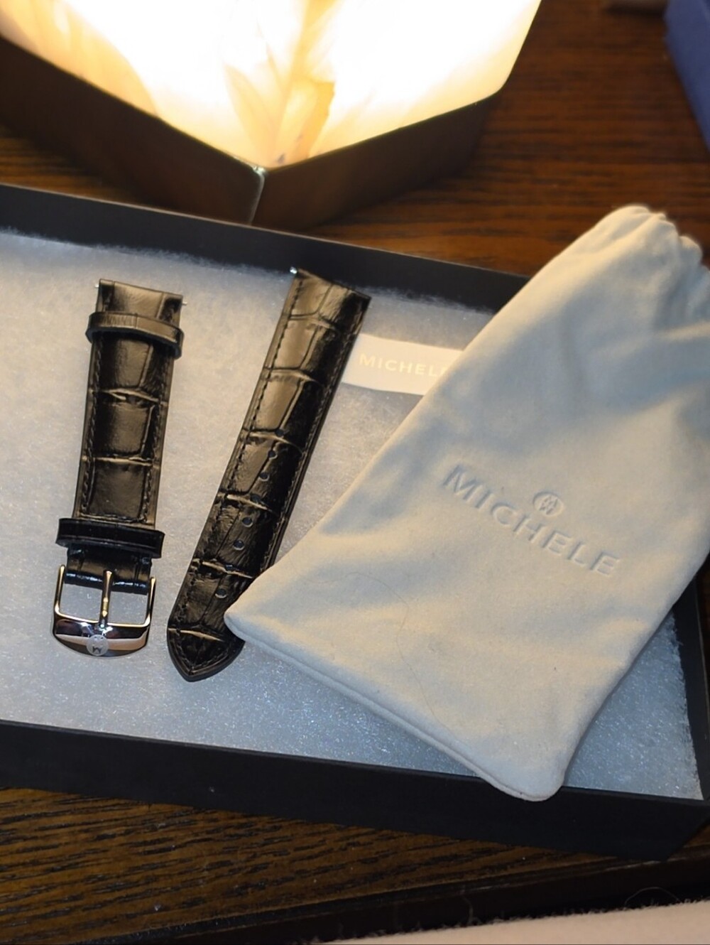 Michele Black Croco Embossed Leather Watch Strap MS18AA830001 New Box Pouch